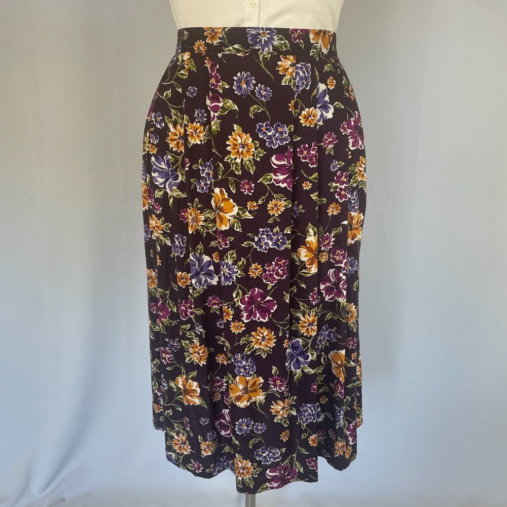 Vintage Midi Skirt Plus Size 18W Purple Floral Pleated A Line Cottage Garden 90s
